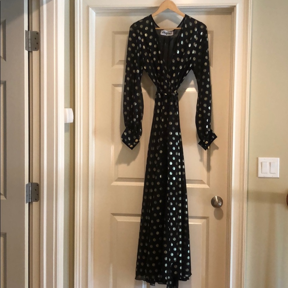 Black Chiffon Maxi Dress w/ gold  polka dots